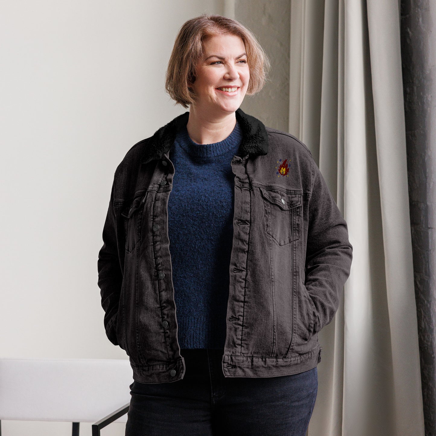 Colourful fire and stars cool unisex denim sherpa jacket - SexyCoca