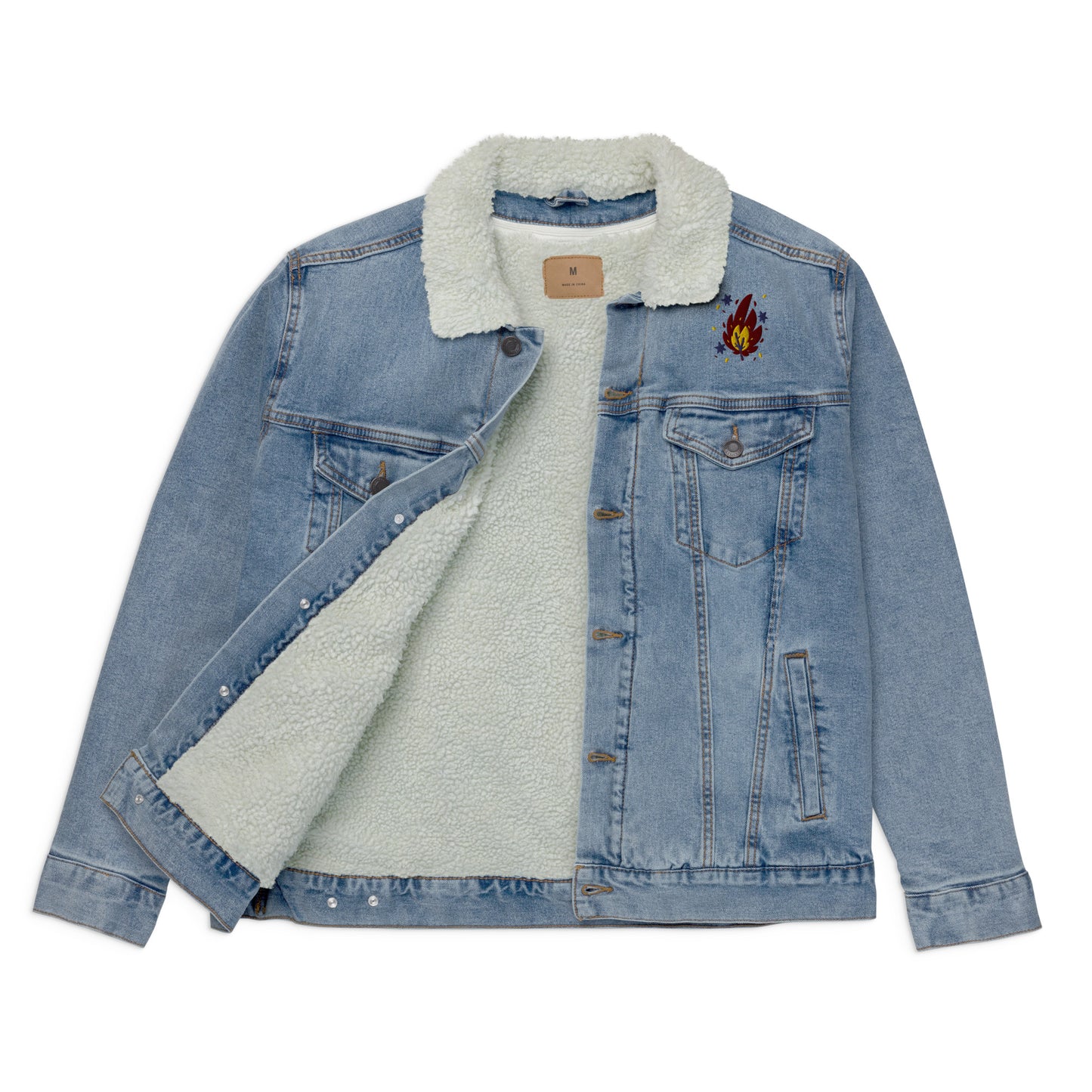 Colourful fire and stars cool unisex denim sherpa jacket - SexyCoca