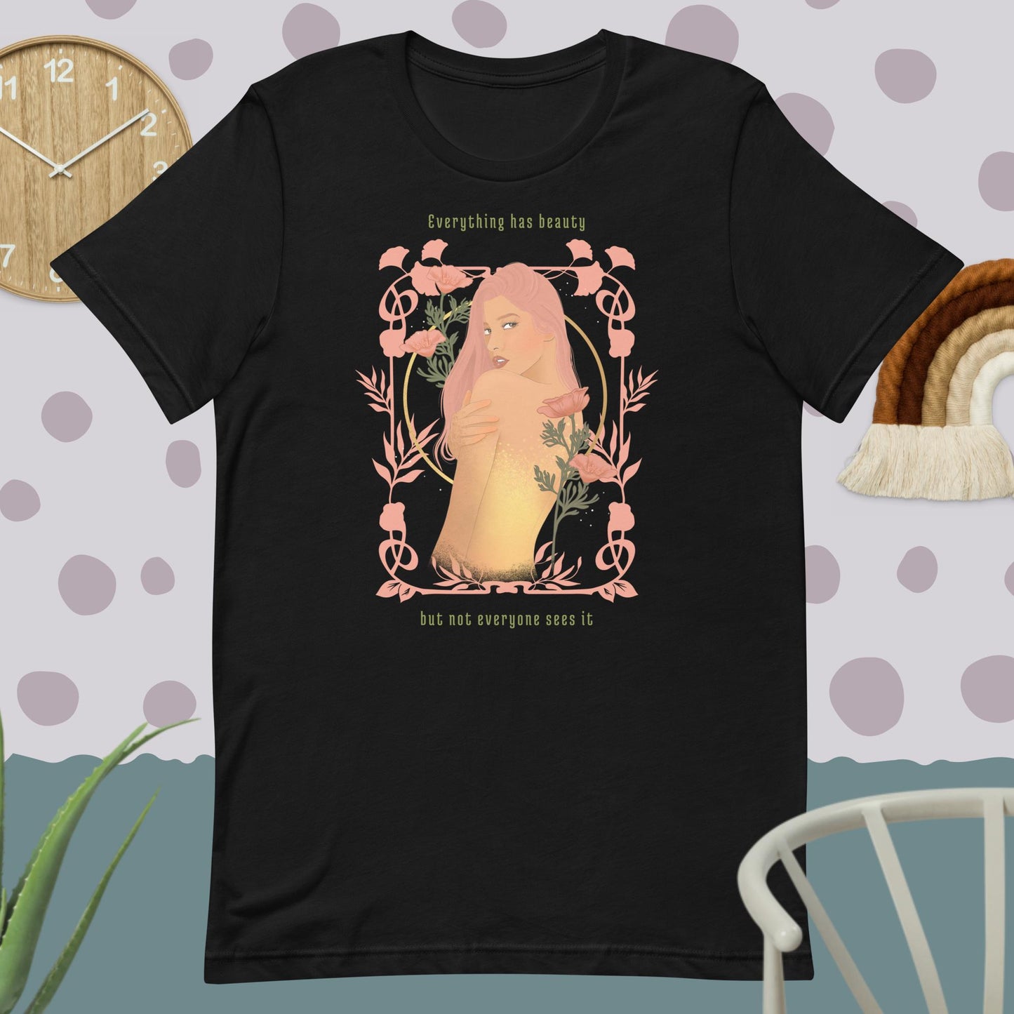 Art noveau woman beautiful girl with floral frame and quote classic teee short sleeves t-shirt - SexyCoca