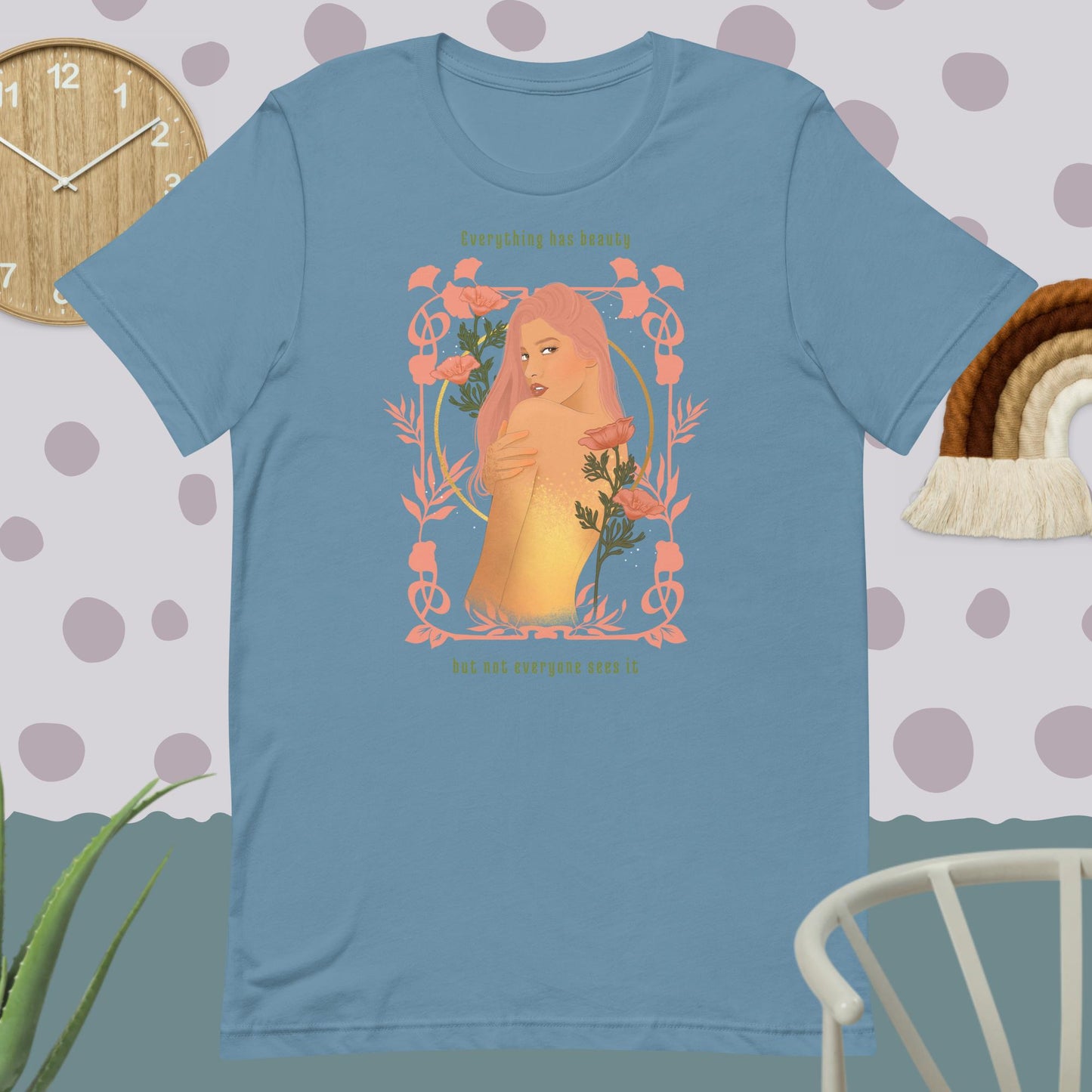 Art noveau woman beautiful girl with floral frame and quote classic teee short sleeves t-shirt - SexyCoca