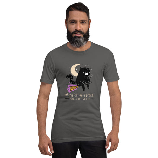 Witchy cat flying on a broom in the sky classic tee short sleeves unisex t-shirt - SexyCoca