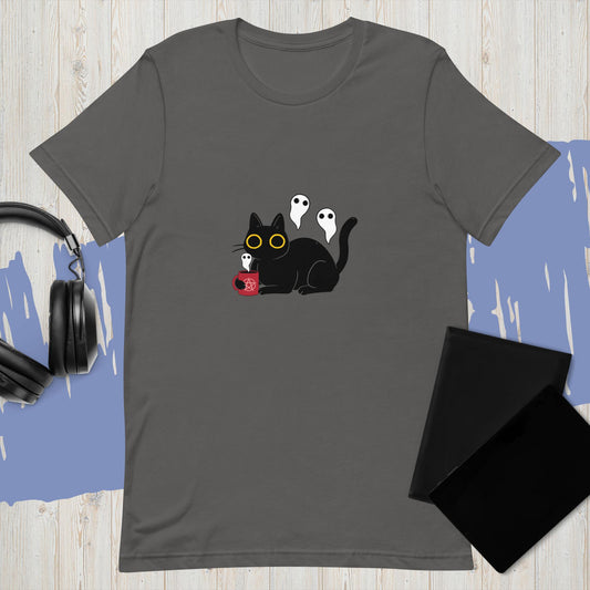 Black cat drinking from a cup with ghosts around classic tee short sleeves unisex t-shirt - SexyCoca